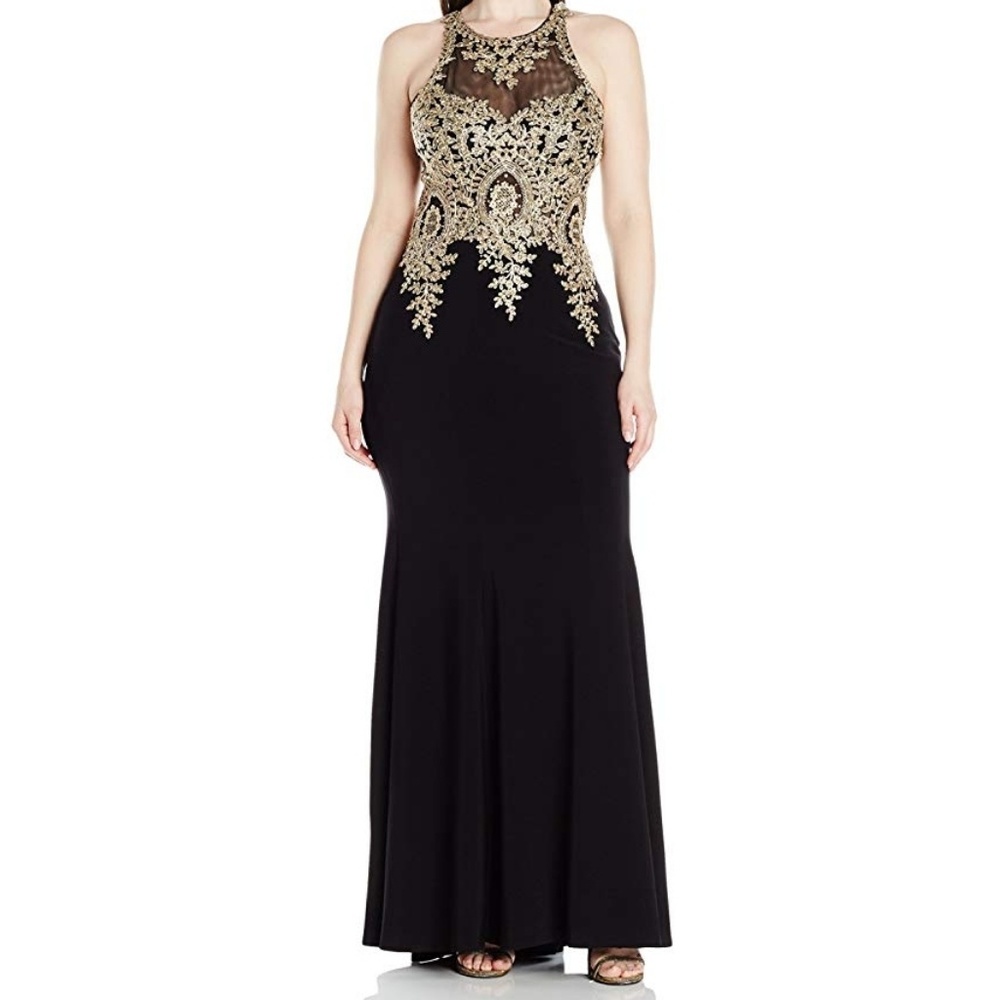 Xscape Black & Gold Embroidered Gown